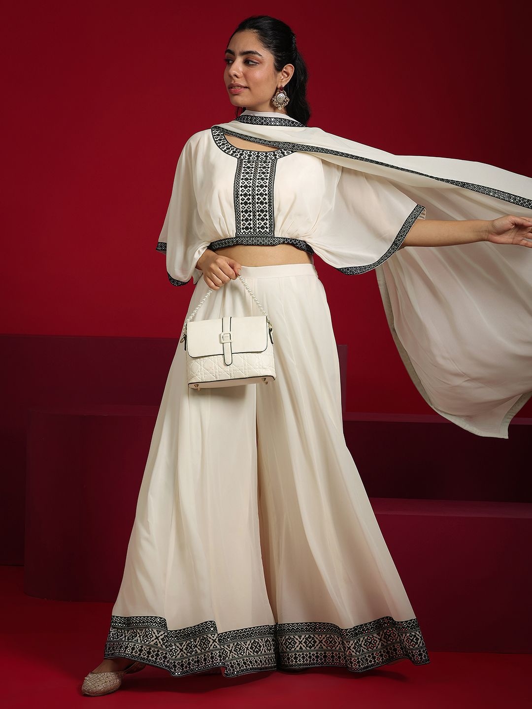 

Libas Art Embroidered Flared Sleeves Top With Palazzo & Dupatta, Off white