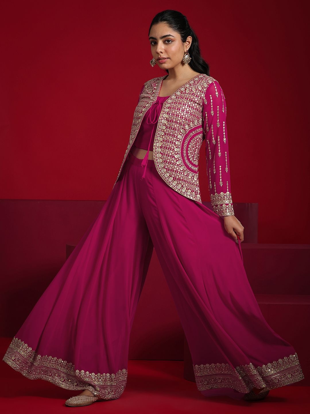 

Libas Art Round Neck Sleeveless Top & With Palazzo & Jacket, Pink
