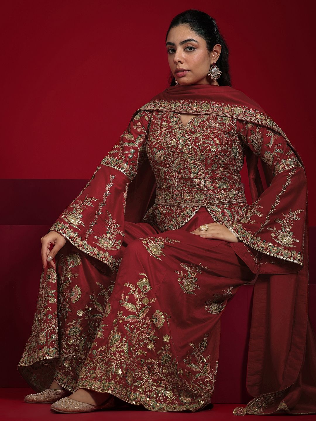 

Libas Art Floral Embroidered Sequinned Straight Kurti with Palazzos & Dupatta, Red