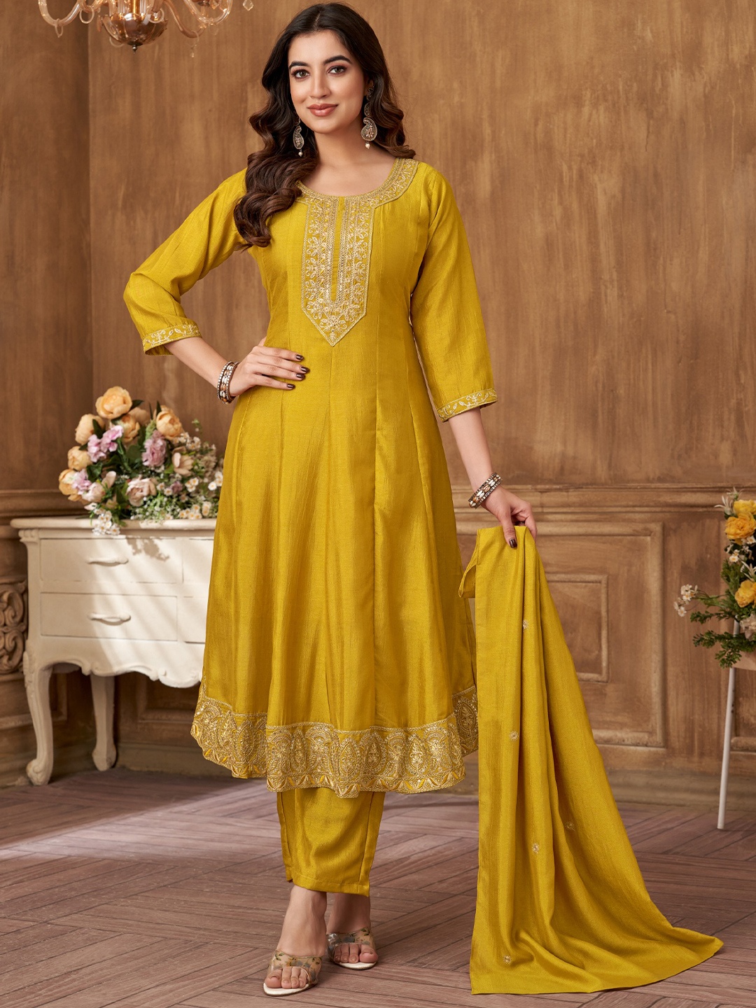 

VEDANT VASTRAM Floral Embroidered Sequinned Silk Georgette Kurta With Trouser & Dupatta, Mustard