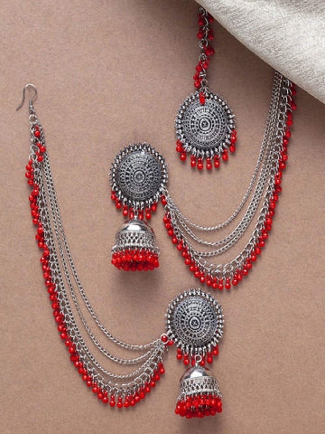 

JMBW INTERNATIONAL Silver-Plated Artificial Beaded Oxidised Jewellery Set, Red