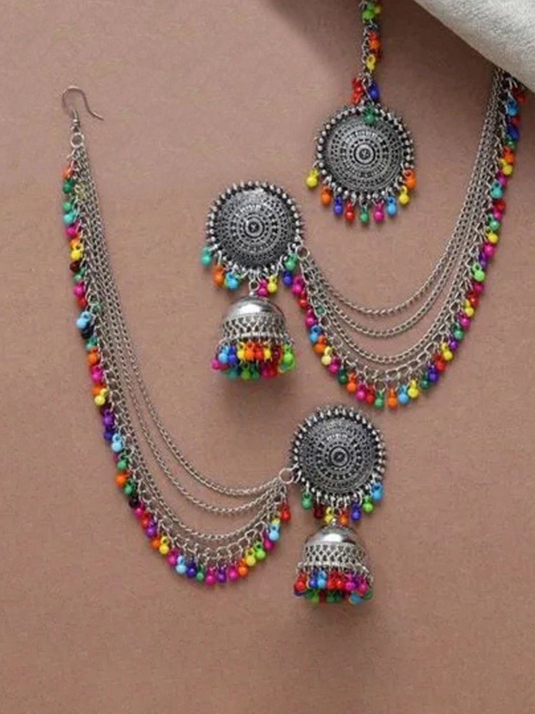 

JMBW INTERNATIONAL Silver-Plated Artificial Beaded Oxidised Jewellery Set