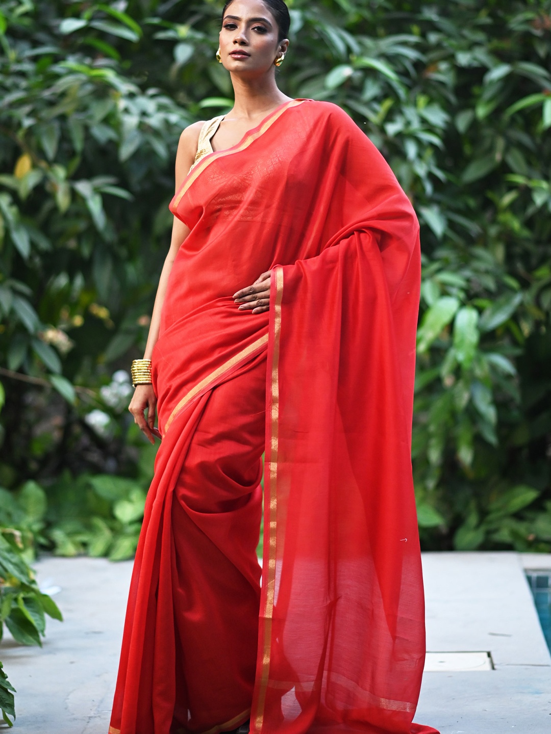 

Unnati Silks Zari Silk Cotton Handloom Chanderi Saree, Red