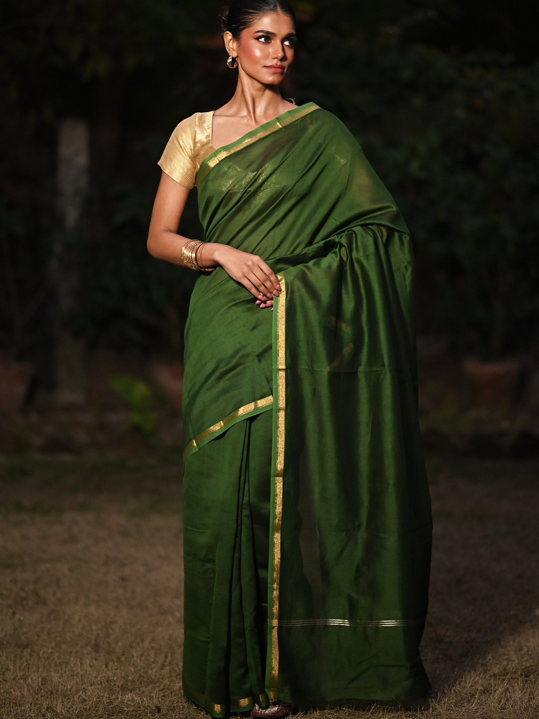 

Unnati Silks Zari Silk Cotton Handloom Chanderi Saree, Green