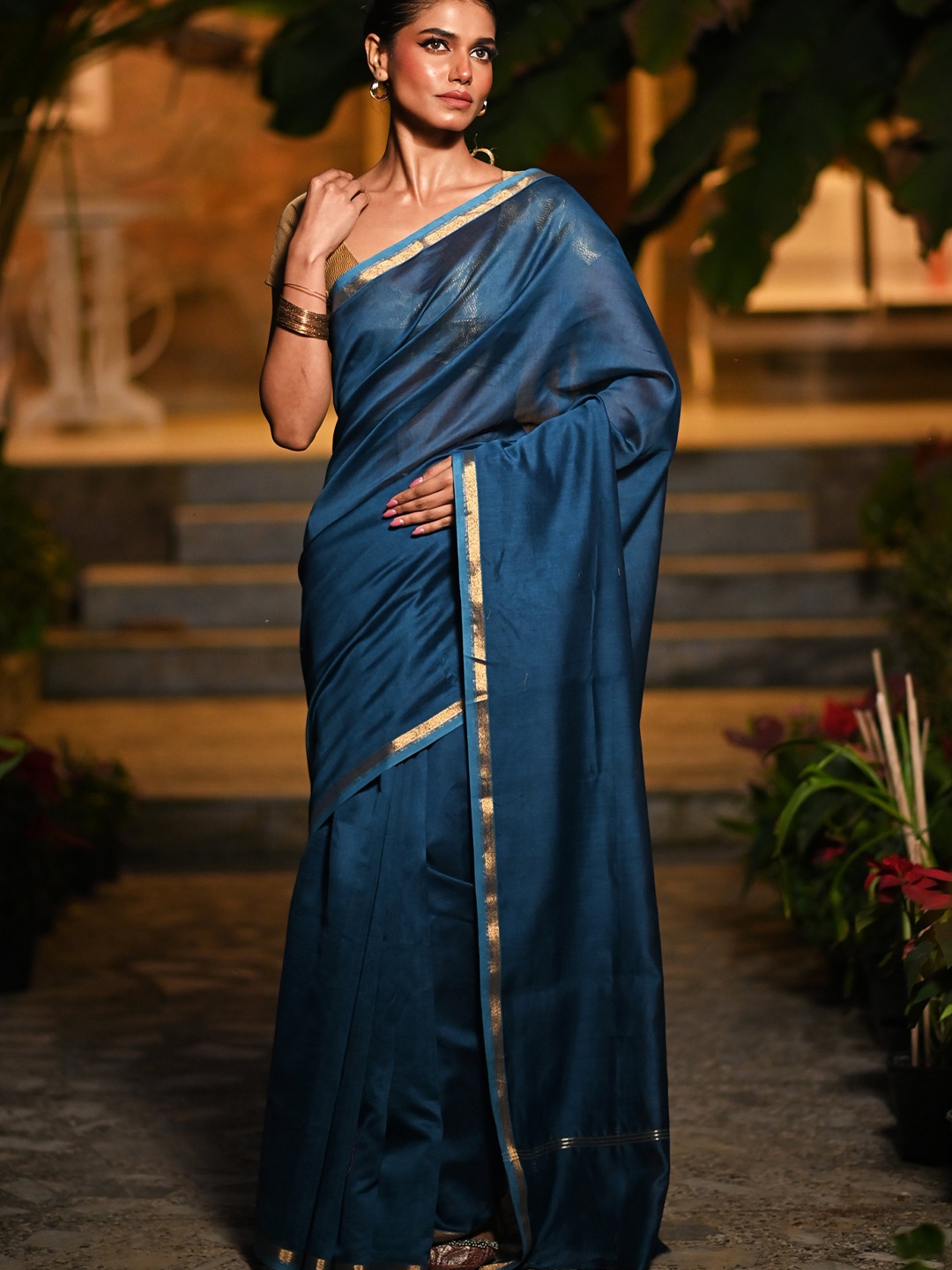 

Unnati Silks Zari Silk Cotton Handloom Chanderi Saree, Blue