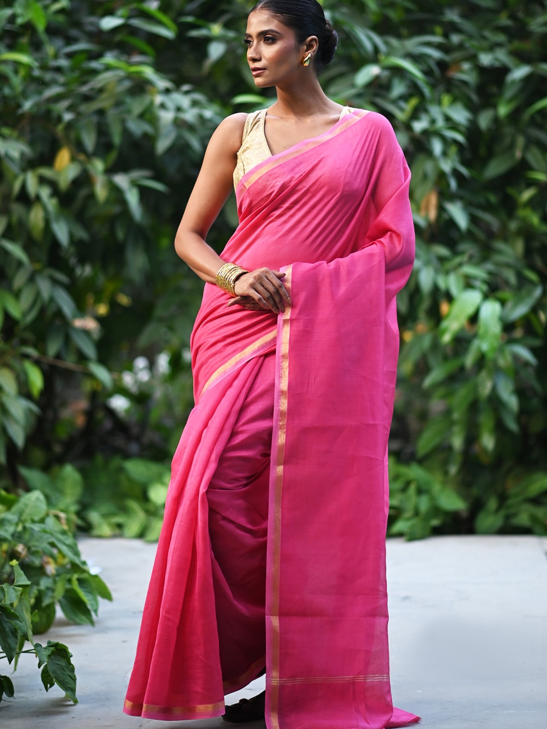 

Unnati Silks Zari Silk Cotton Handloom Chanderi Saree, Pink