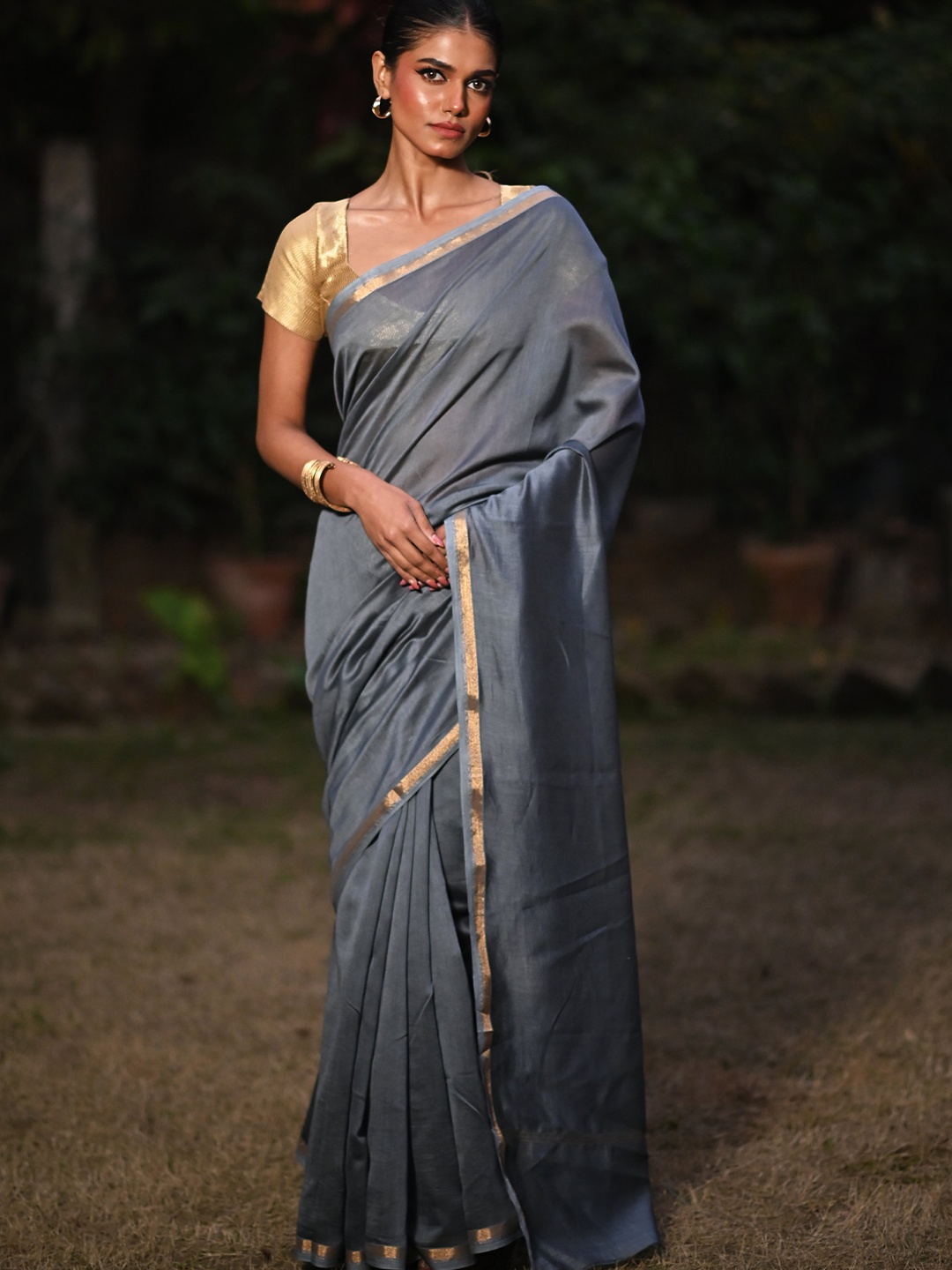 

Unnati Silks Silk Cotton Handloom Chanderi Saree, Grey