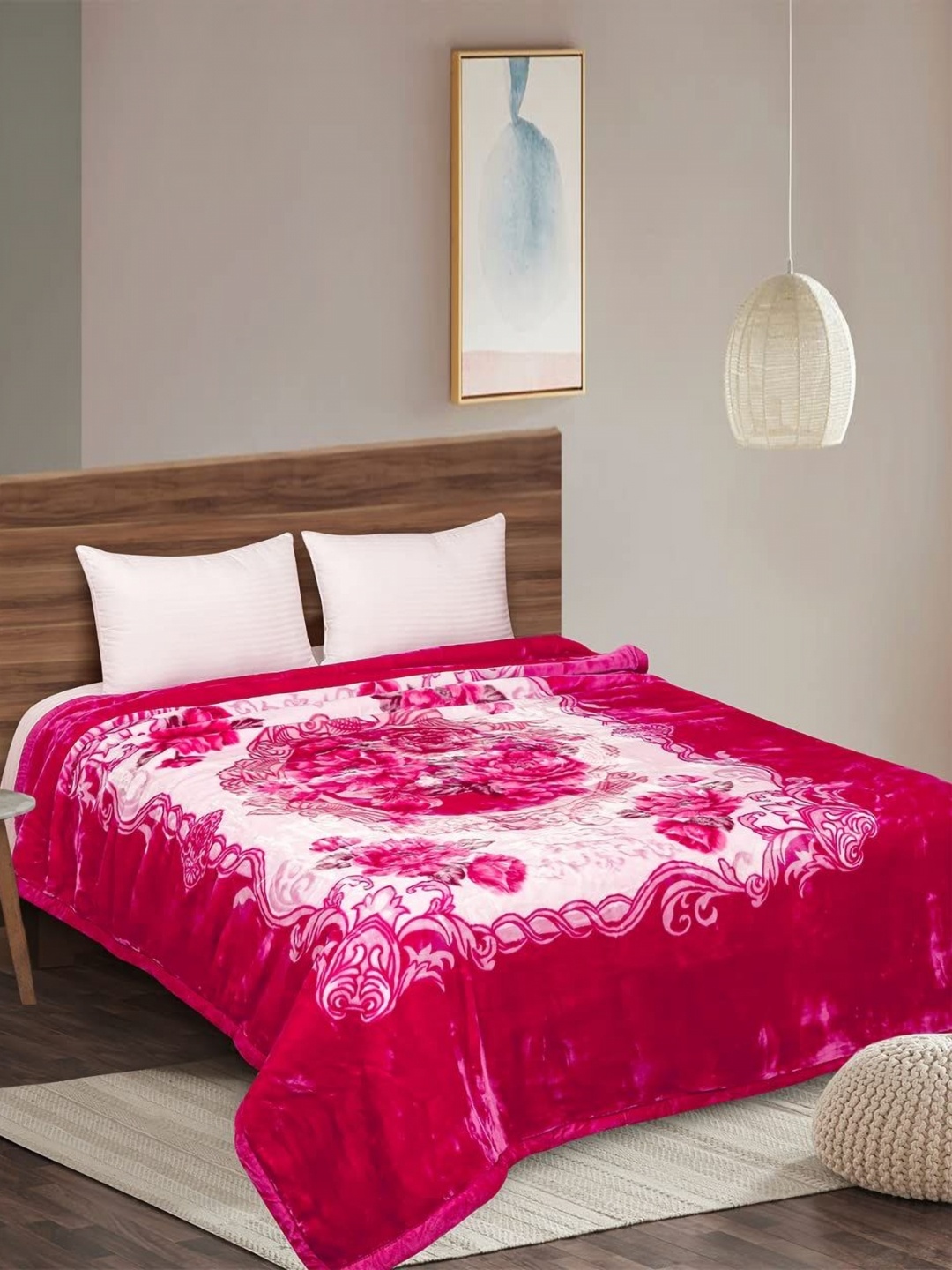 

Signature Pink & Brown Floral Printed Heavy Winter 450 GSM Double Bed Blanket