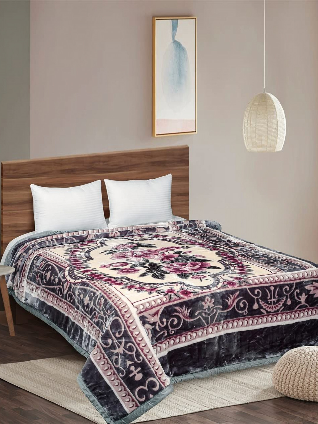 

Signature Green & Purple Floral Printed Heavy Winter 450 GSM Double Bed Blanket