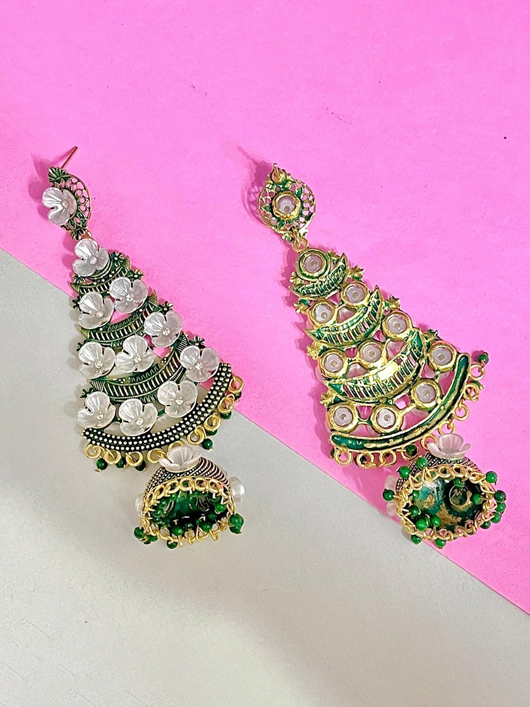 

MADDY SPACE Gold-Plated Artificial Stones Studded Teardrop Shaped Jhumkas