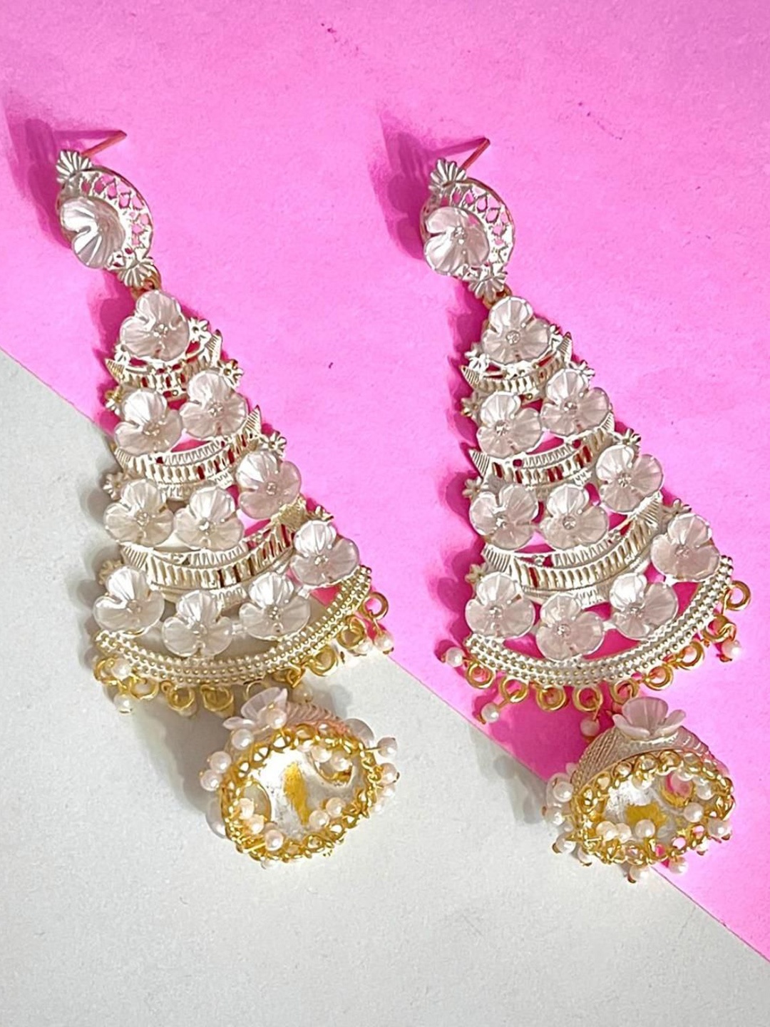 

MADDY SPACE Gold-Plated Artificial Stones Studded Teardrop Shaped Jhumkas