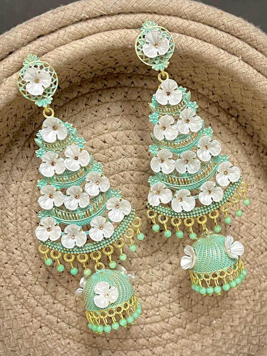 

MADDY SPACE Gold-Plated Artificial Stones Studded Teardrop Shaped Jhumkas