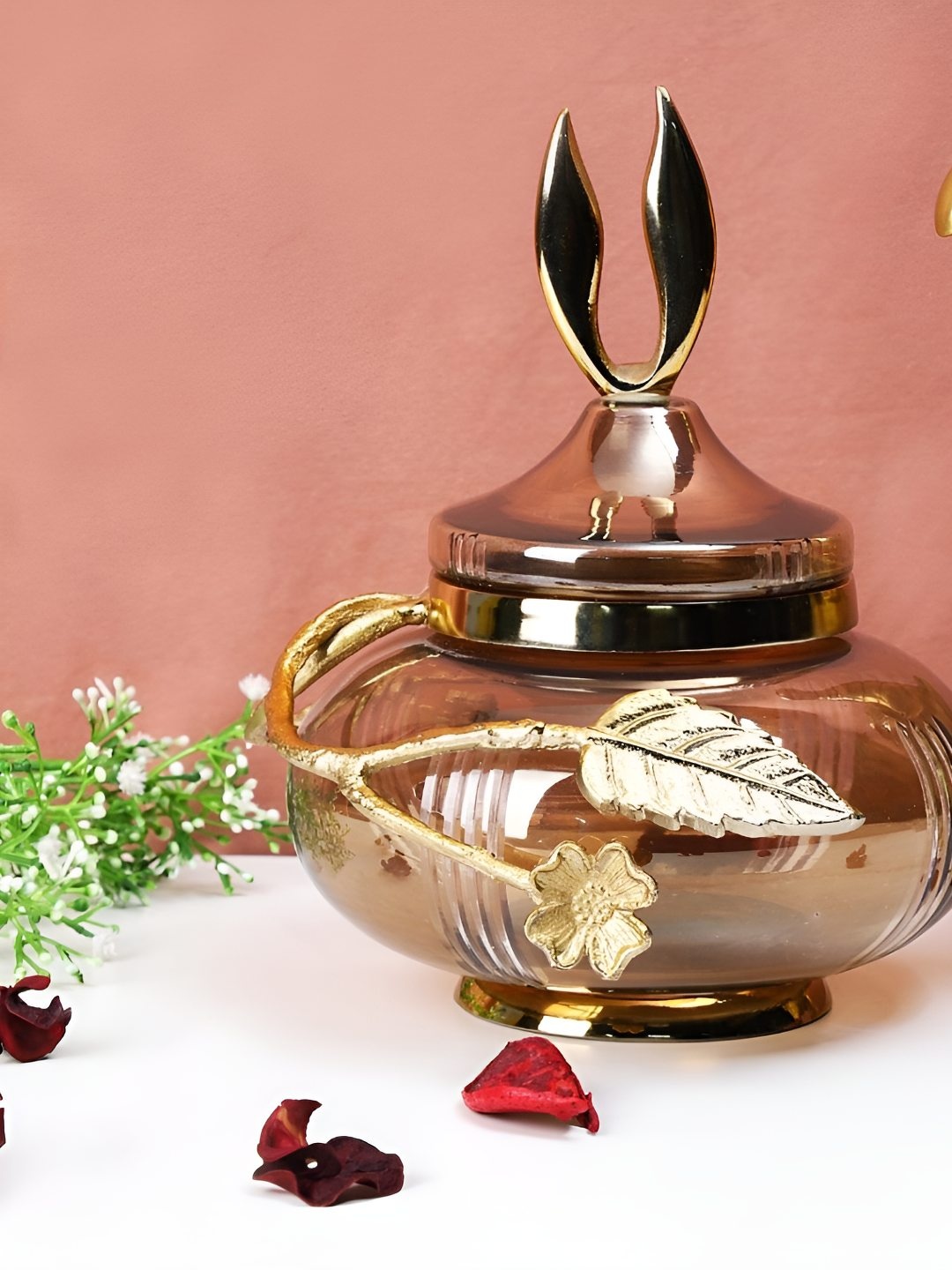 

THE HOME CO. Gold-Toned & Brown Glass Easy to Clean Container With Leaf