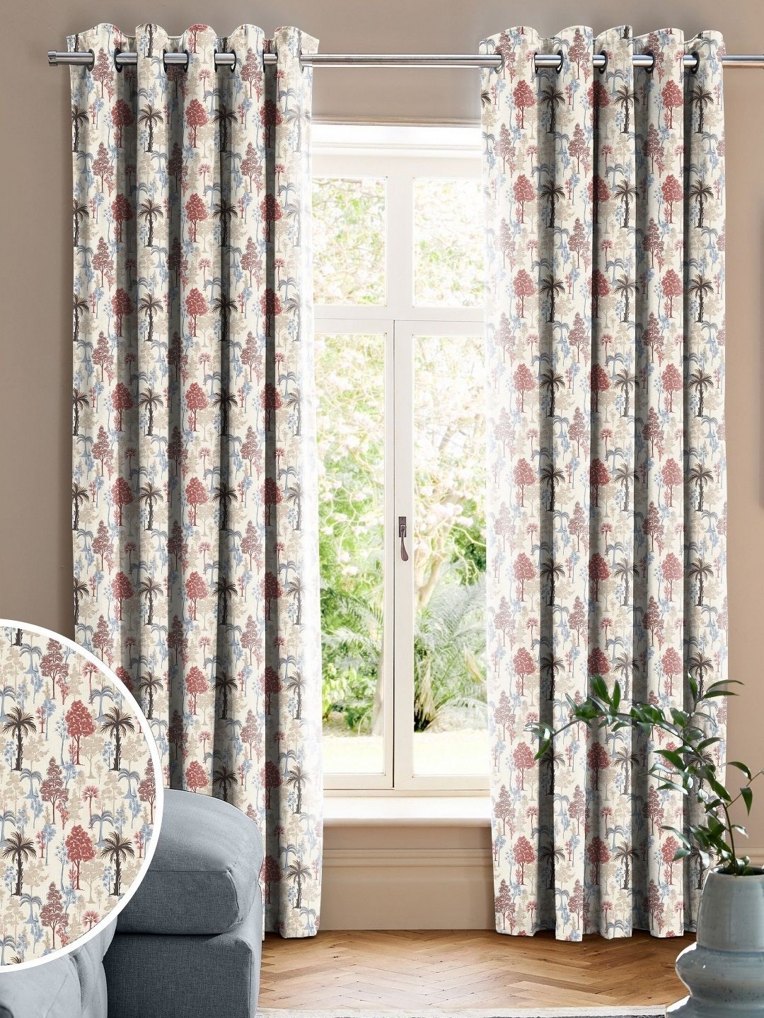 CASABLEU Rust & Brown 2 Pieces Floral Long Door Curtain