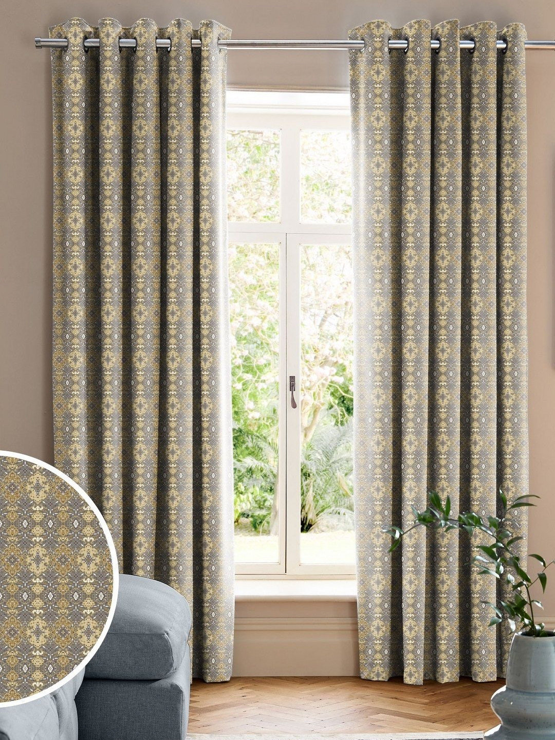 

CASABLEU Grey & Yellow 2 Pieces Geometric Long Door Curtain