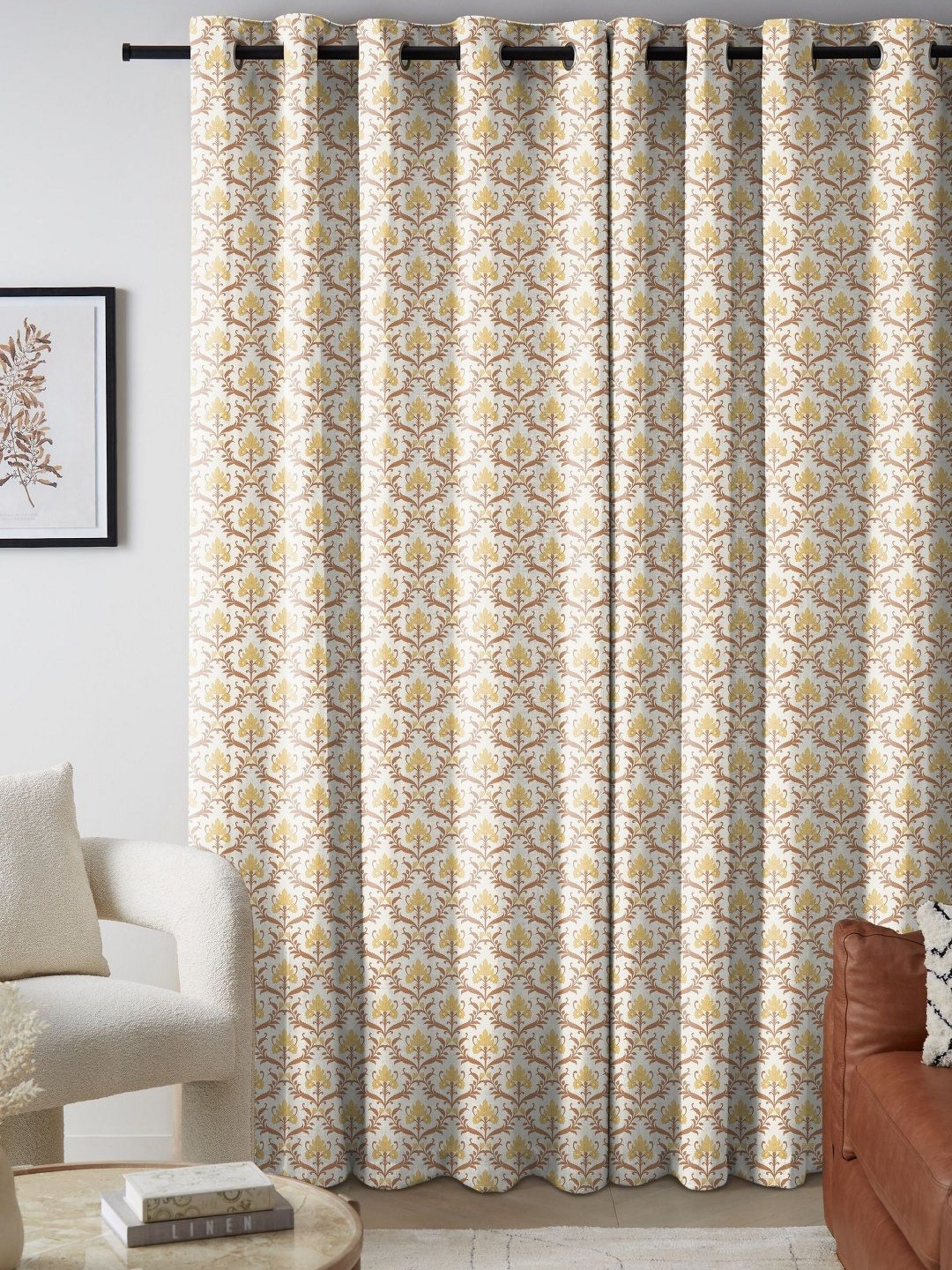 

CASABLEU Yellow & Brown 2 Pieces Floral Printed Long Door Curtain
