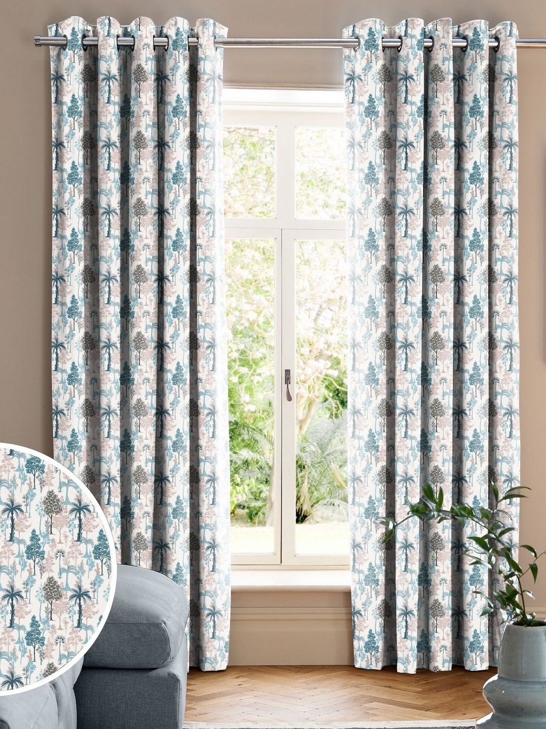 

CASABLEU Teal & White 2 Pieces Floral Long Door Curtain