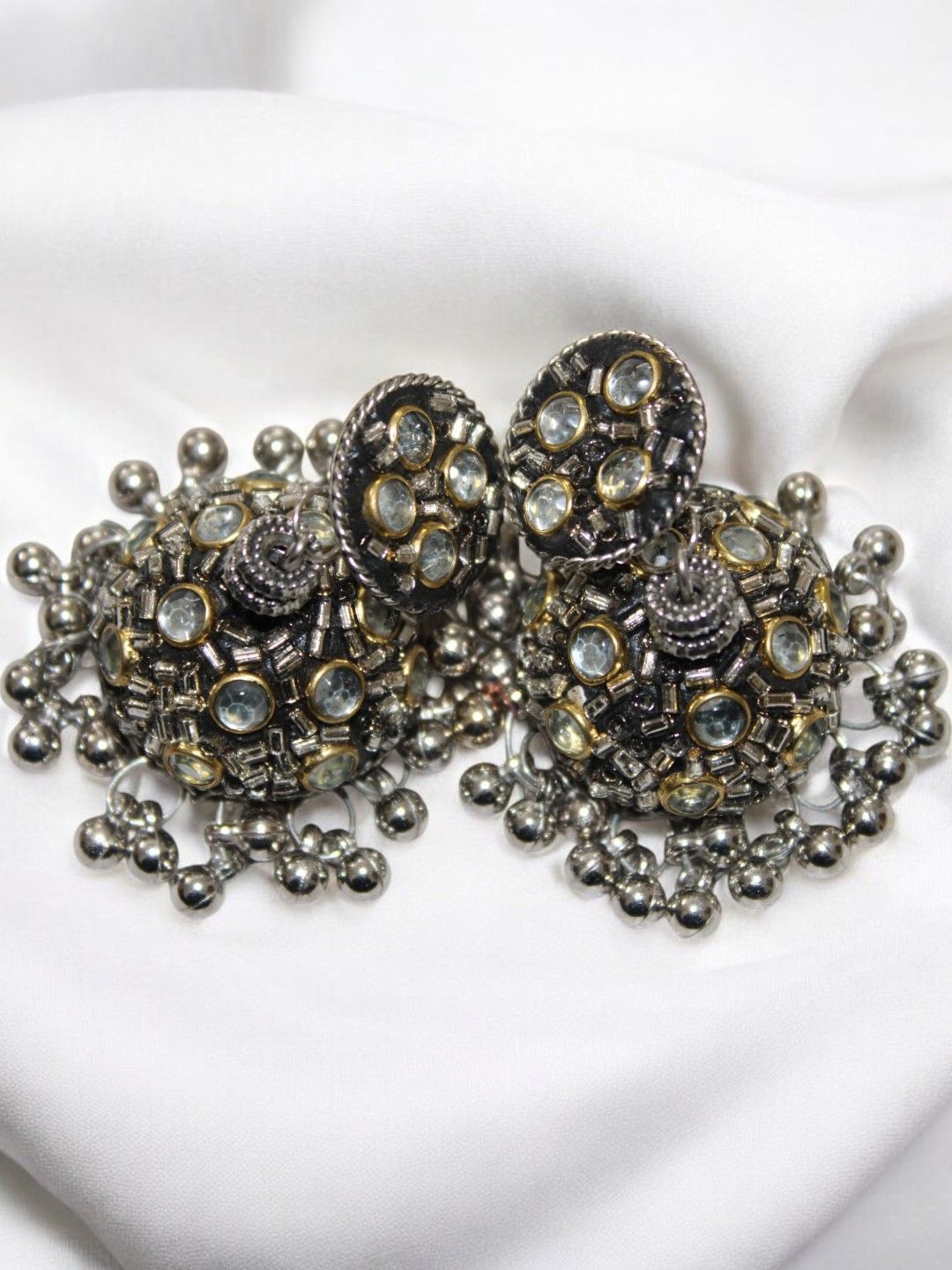 

Jolly Faces Silver-Plated Artificial Stones Studded And Beaded Oxidised Jhumkas, Black