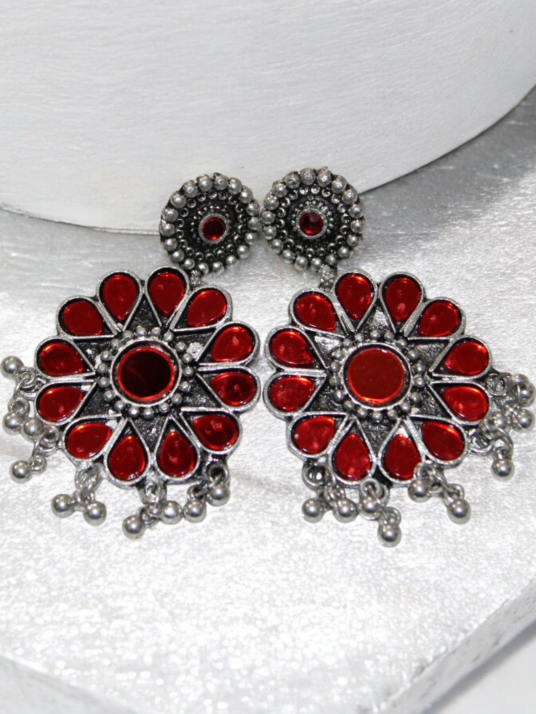 

Jolly Faces Silver-Plated Artificial Stones Studded And Beaded Floral Drop Earrings, Maroon