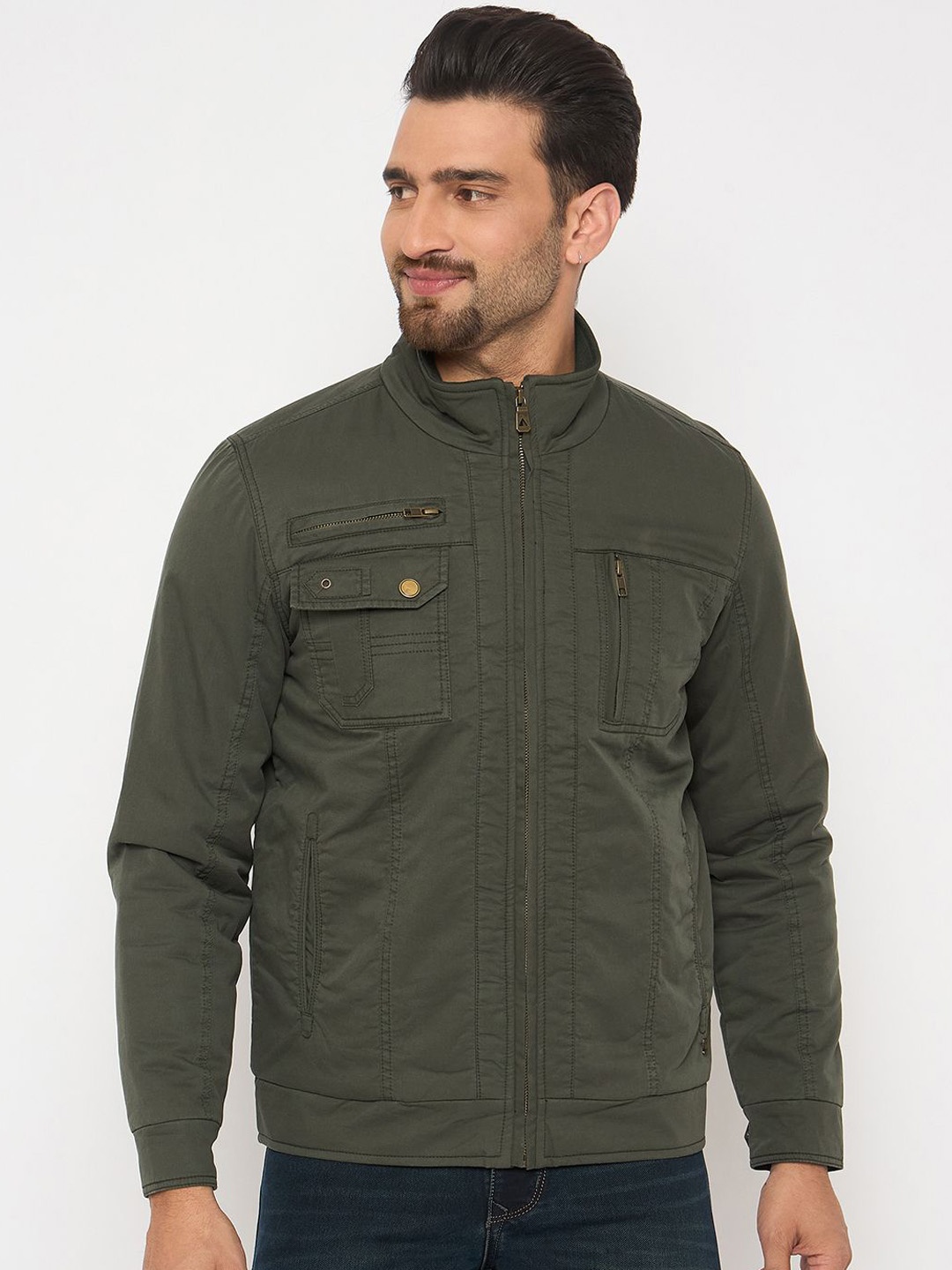 

Duke Men Mock Collar Solid Cotton Casual Bomber Jacket, Olive