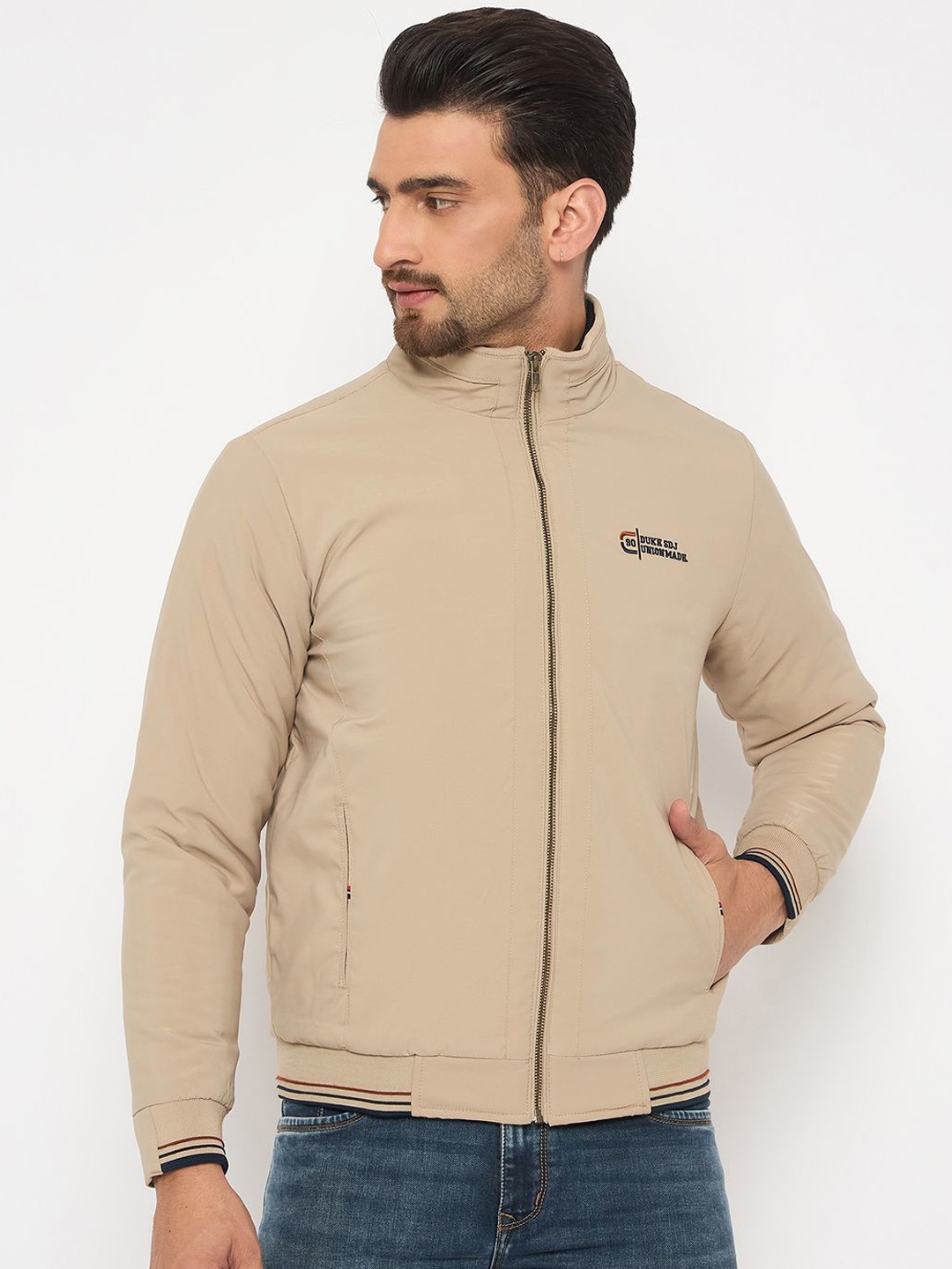 

Duke Men Mock Collar Solid Casual Bomber Jacket, Beige