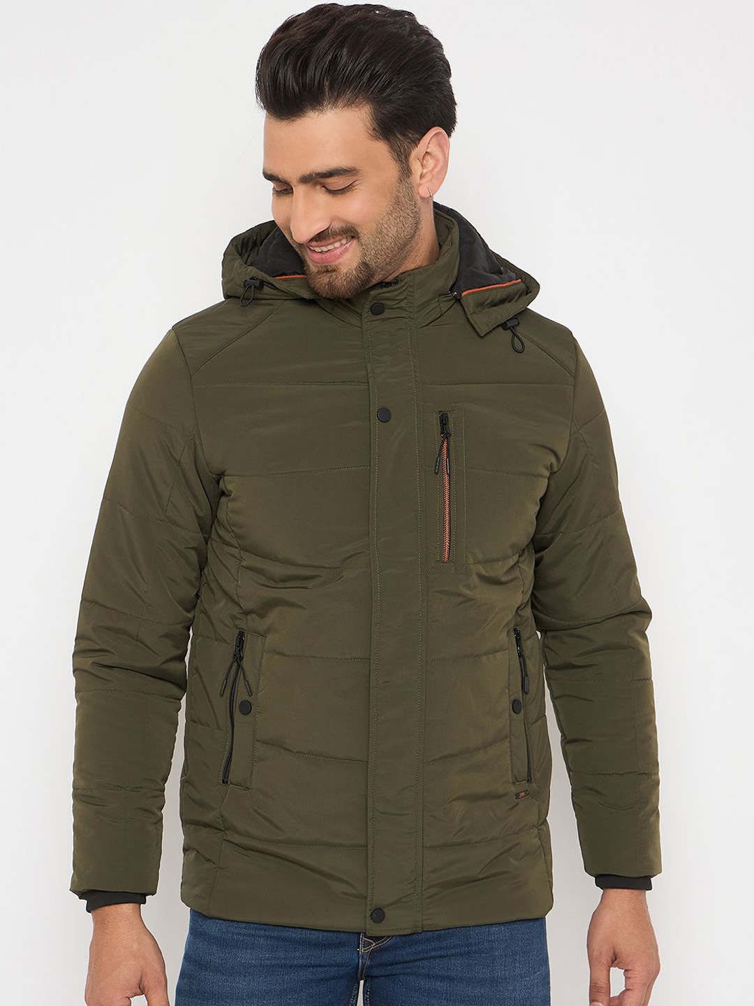 

Duke Men Hooded Solid Casual Bomber Jacket, Olive