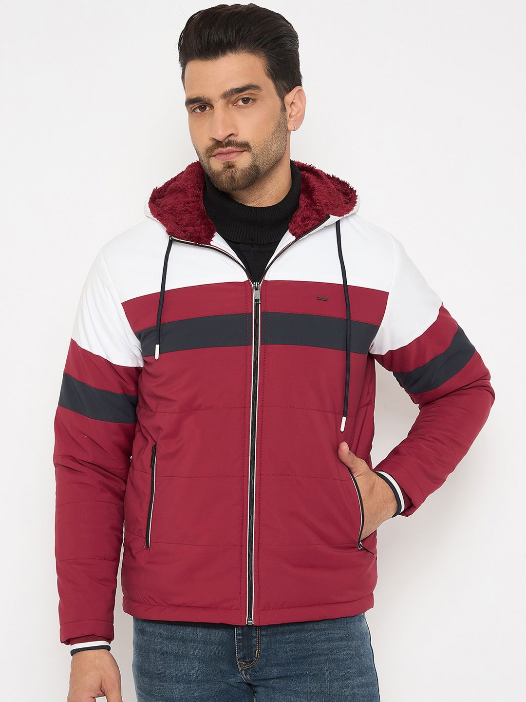 

Duke Men Hooded Colourblocked Casual Bomber Jacket, Maroon