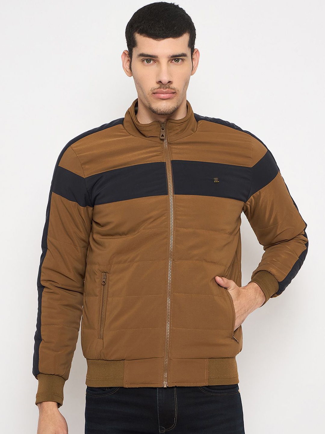 

Duke Men Mock Collar Striped Casual Bomber Jacket, Tan