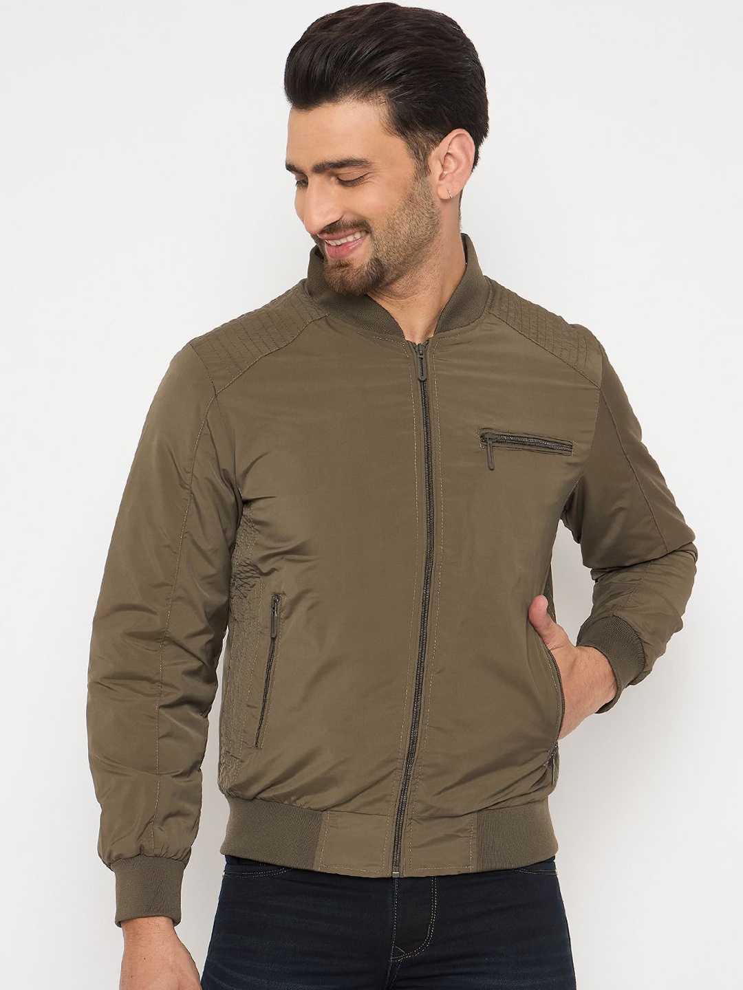 

Duke Men Stand Collar Solid Casual Bomber Jacket, Olive