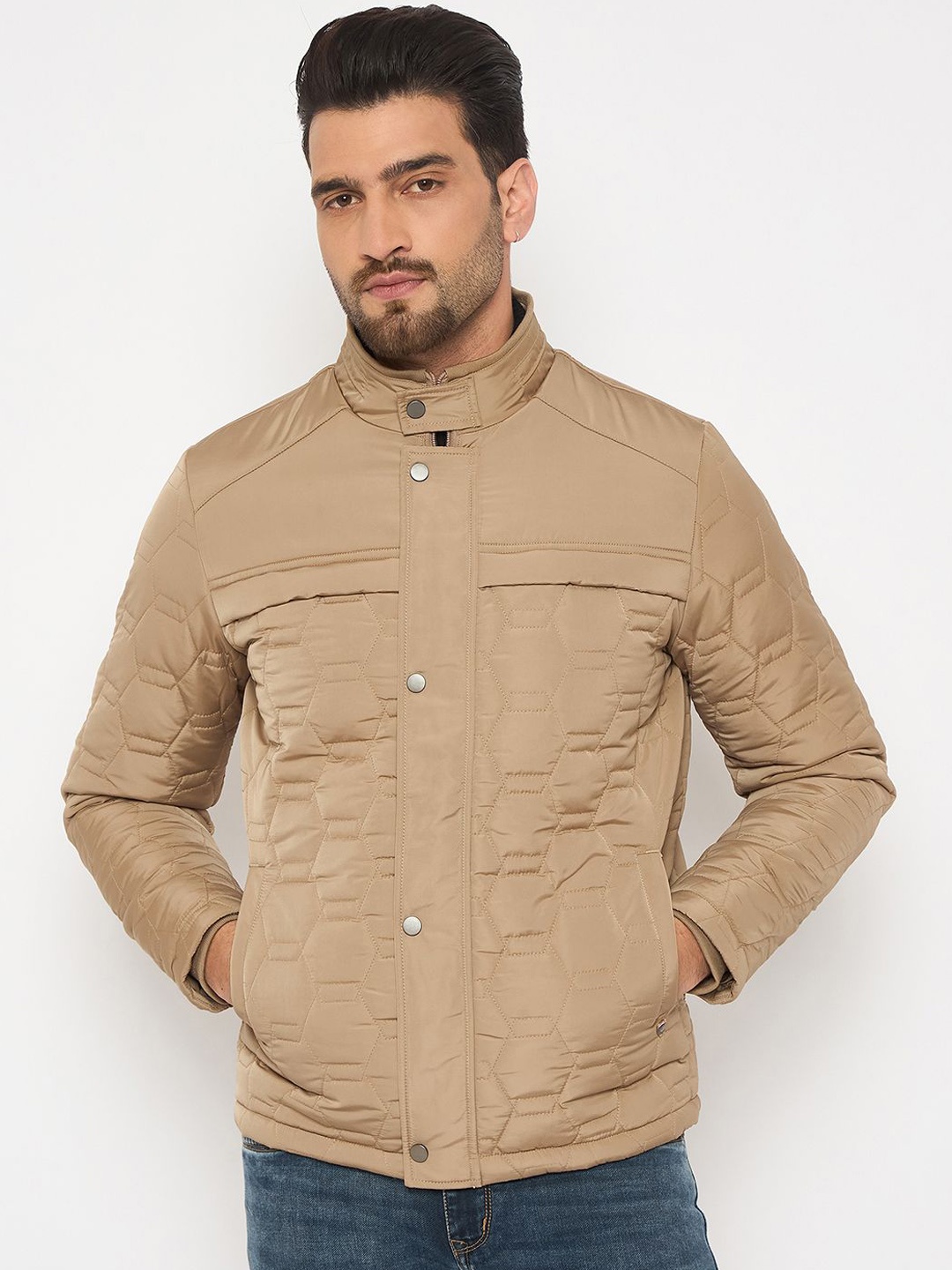 

Duke Men Mandarin Collar Solid Casual Quilted Jacket, Brown