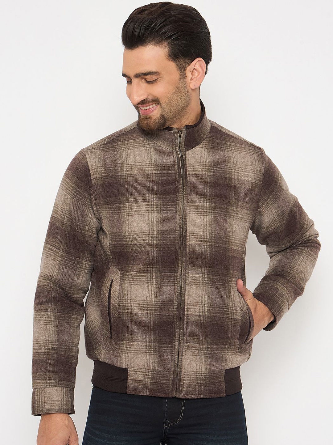 

Duke Men Checked Longline Bomber Jacket, Brown