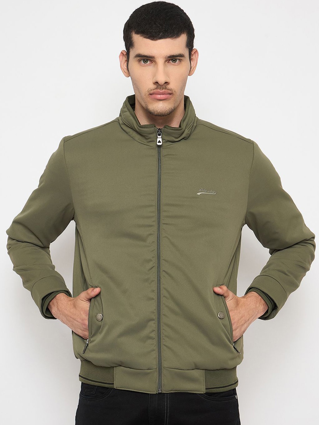 

Duke Men Mock Collar Solid Casual Bomber Jacket, Olive