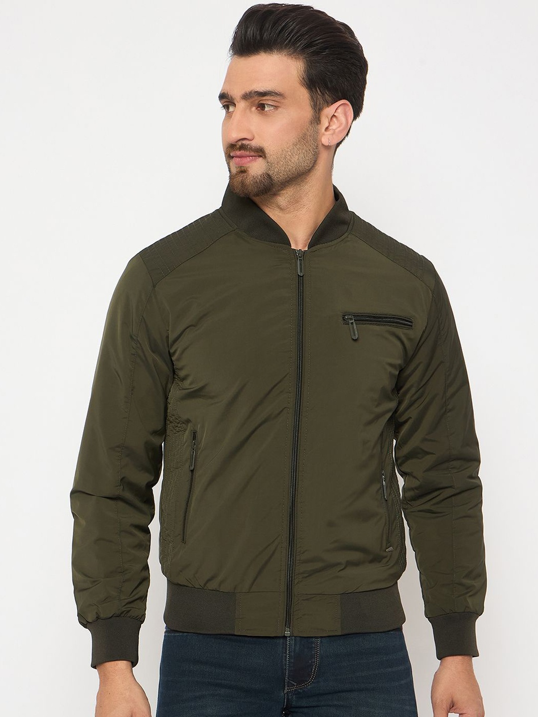 

Duke Men Stand Collar Solid Casual Bomber Jacket, Olive