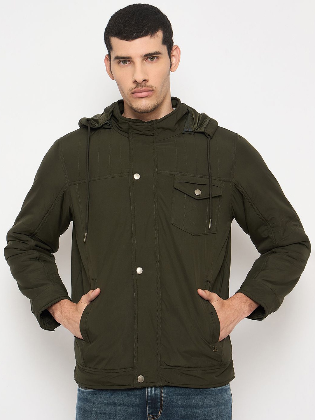 

Duke Men Hooded Solid Casual Bomber Jacket, Olive