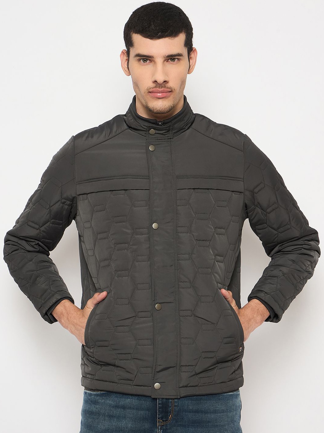 

Duke Men Mandarin Collar Solid Casual Quilted Jacket, Grey