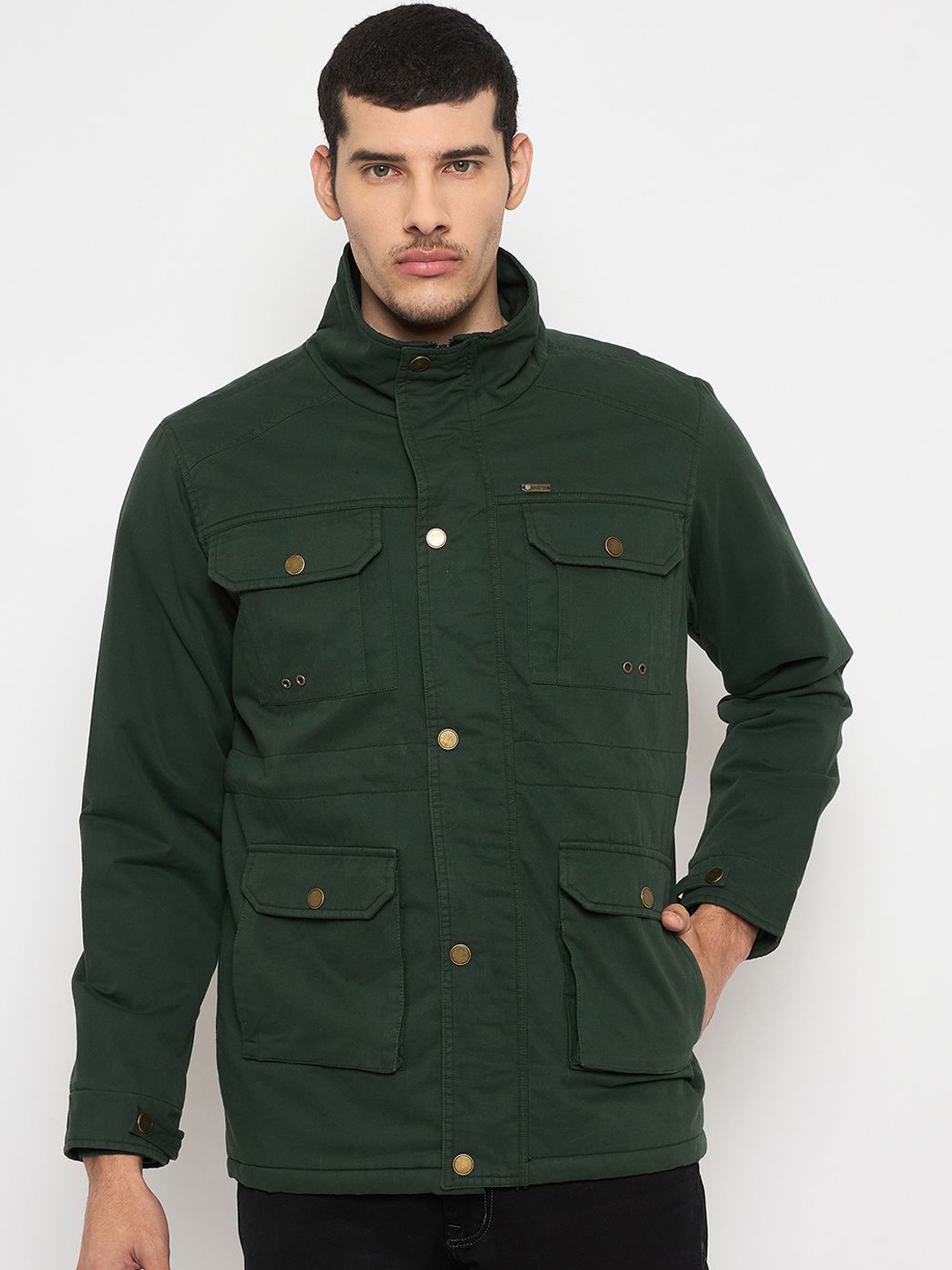 

Duke Men Mandarin Collar Solid Cotton Casual Bomber Jacket, Green