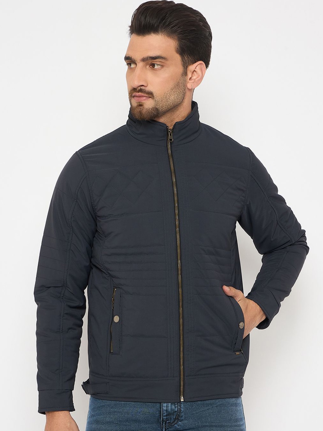 

Duke Men Mock Collar Solid Casual Padded Jacket, Navy blue