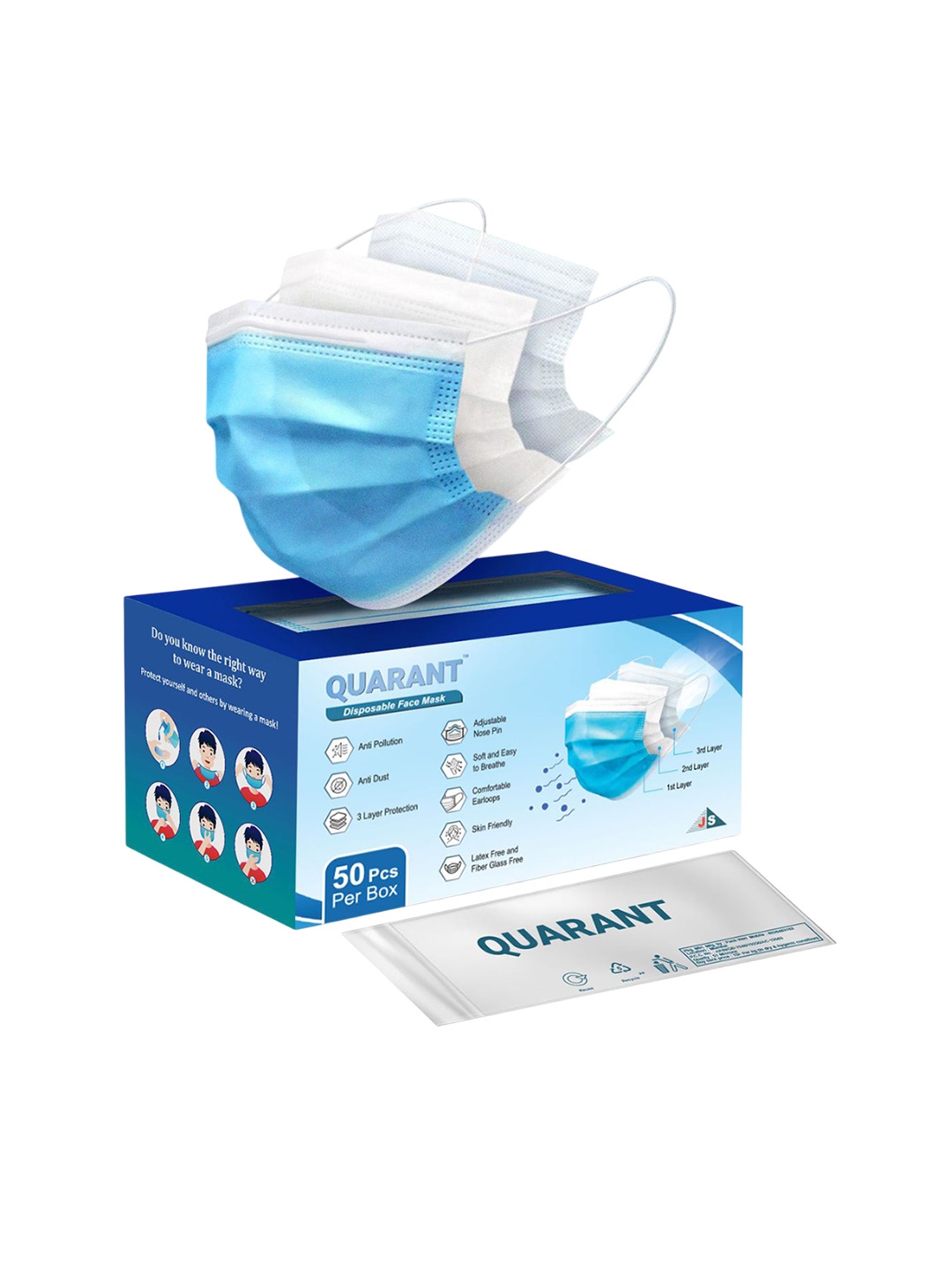 

QUARANT 3 Ply Anti Pollution Disposable Face Mask-50-Pcs, Blue