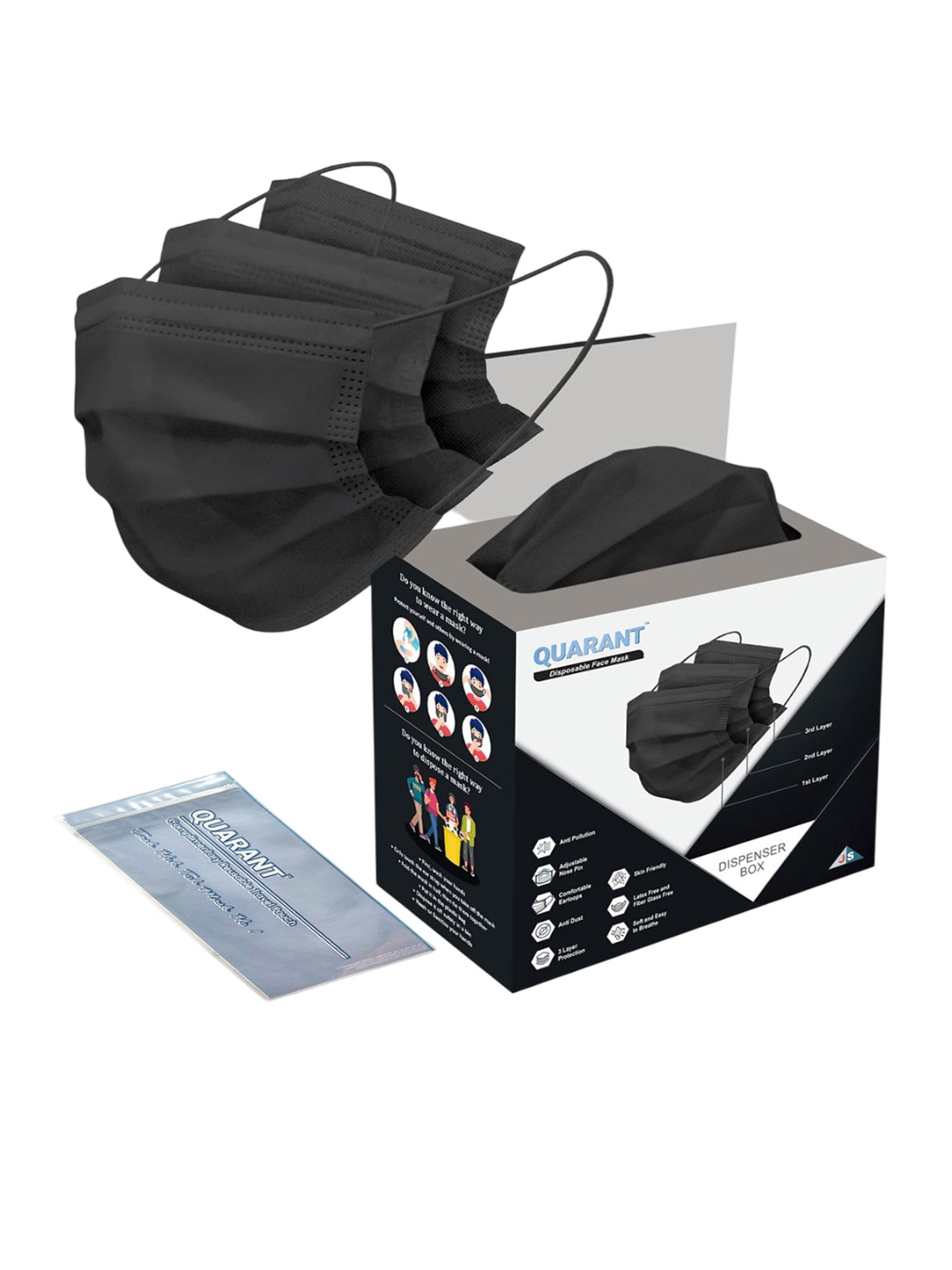 

QUARANT Pack Of 100 3 Ply Protective Outdoor Mask, Black