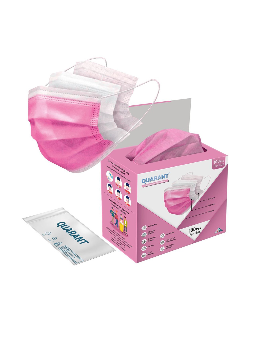 

QUARANT 3 Ply Anti-Pollution Disposable Face Mask-100-Pcs, Pink