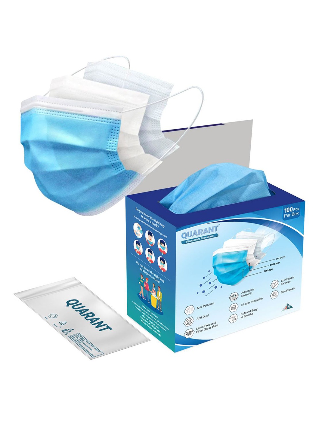 

QUARANT Pack Of 100 3 Ply Anti Pollution Disposable Face Masks, Blue