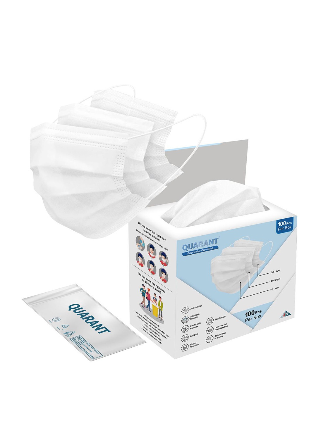 

QUARANT 3 Ply Anti Pollution Disposable Face Masks-100-Pcs, White