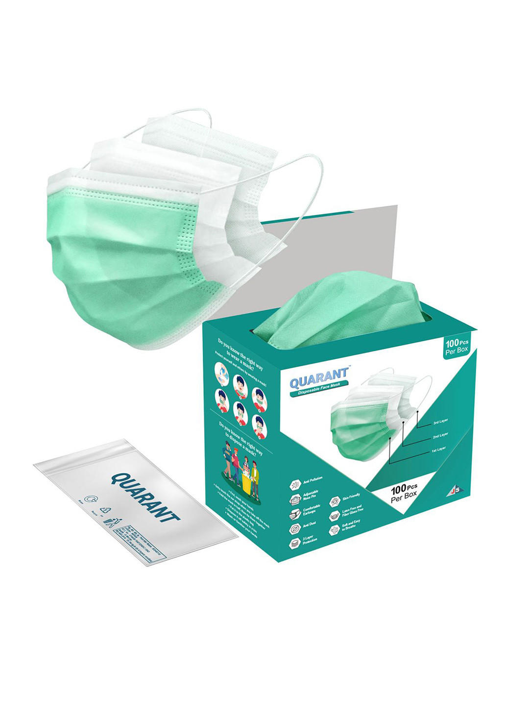 

QUARANT Pack Of 100 3 Ply Anti-Pollution Disposable Face Mask, Green