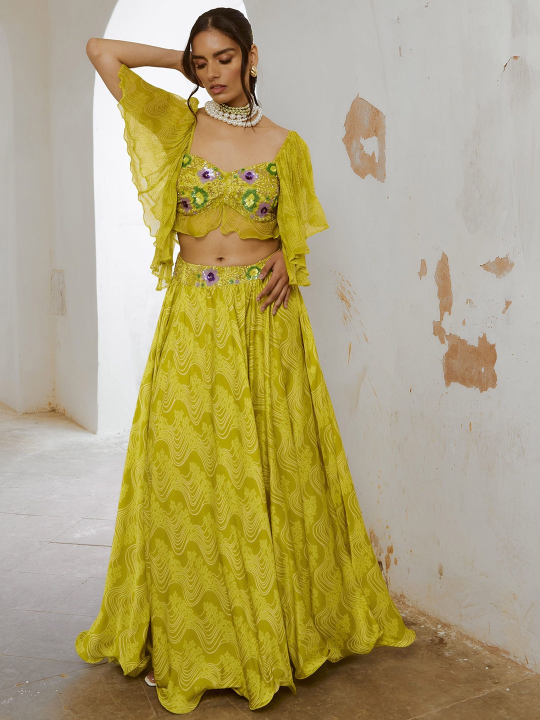 

Pallavi Jaipur Embellished Sweetheart Neck Top With Skirt, Lime green