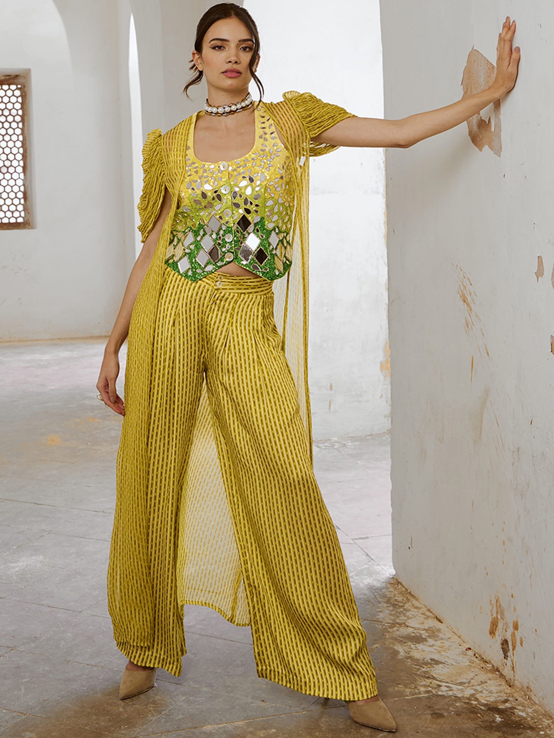 

Pallavi Jaipur Embroidered Round Neck Top And Palazzos With Shrug, Lime green