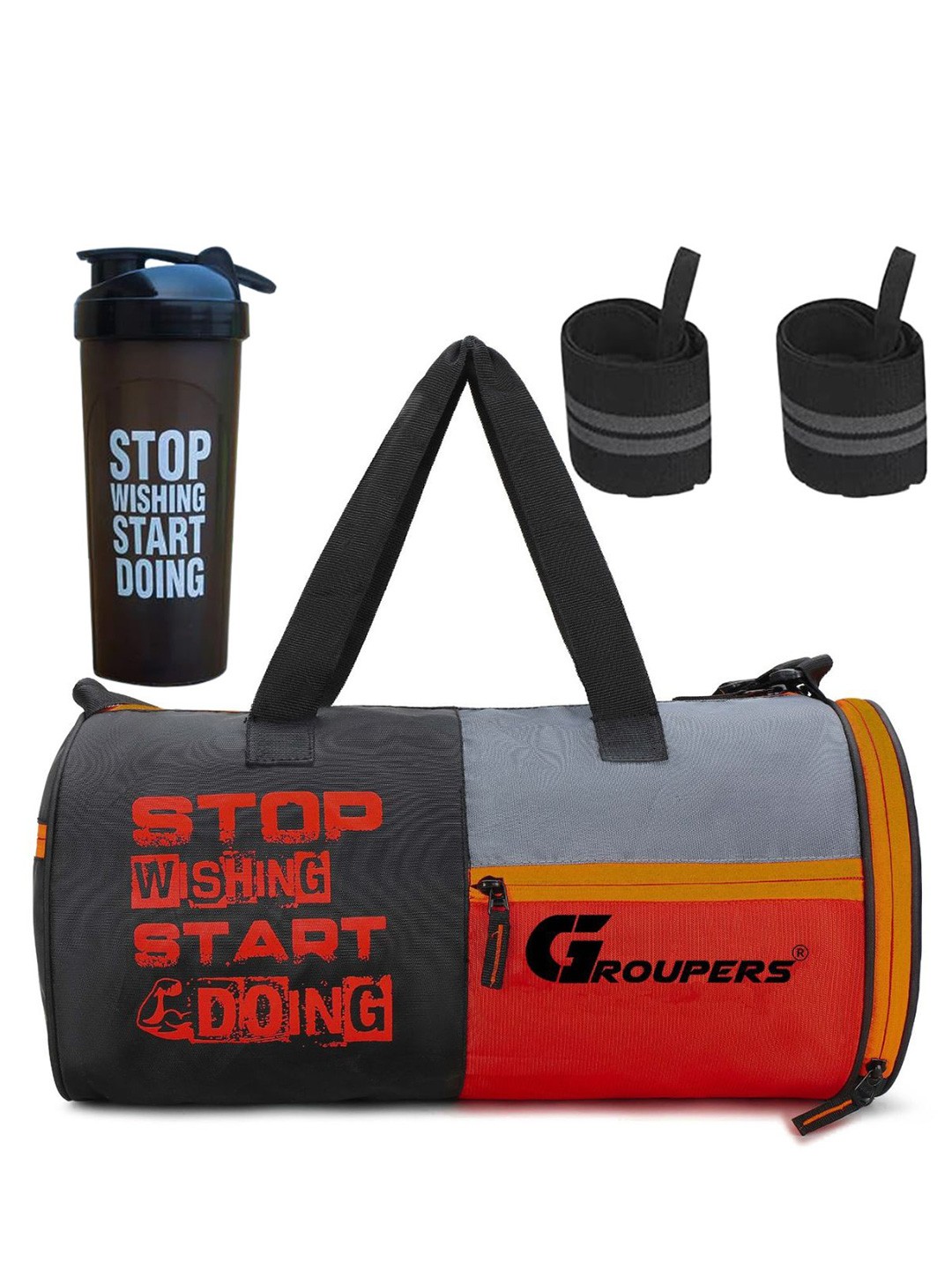 

GROUPERS Unisex Colourblocked Foldable Gym Duffel Bag & Shaker With Wrist Band, Red
