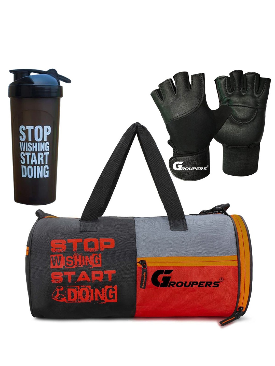 GROUPERS Unisex Printed Medium Foldable Sports or Gym Duffel Bag & Shaker With Gym Gloves, Red