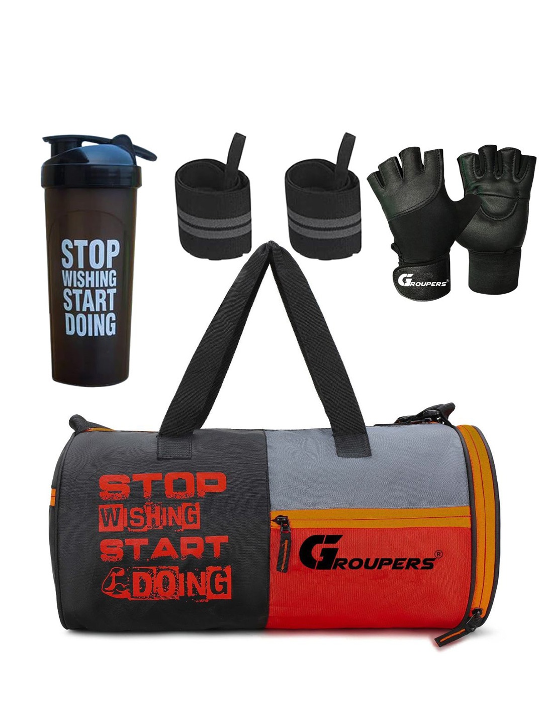 

GROUPERS Unisex Printed Medium Foldable Gym Duffel Bag & Shaker With Wrist Band & Gloves, Red