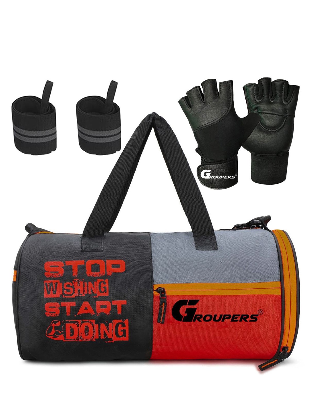 

GROUPERS Unisex Printed Medium Foldable Gym Duffel Bag With Wrist Band & Gloves, Red