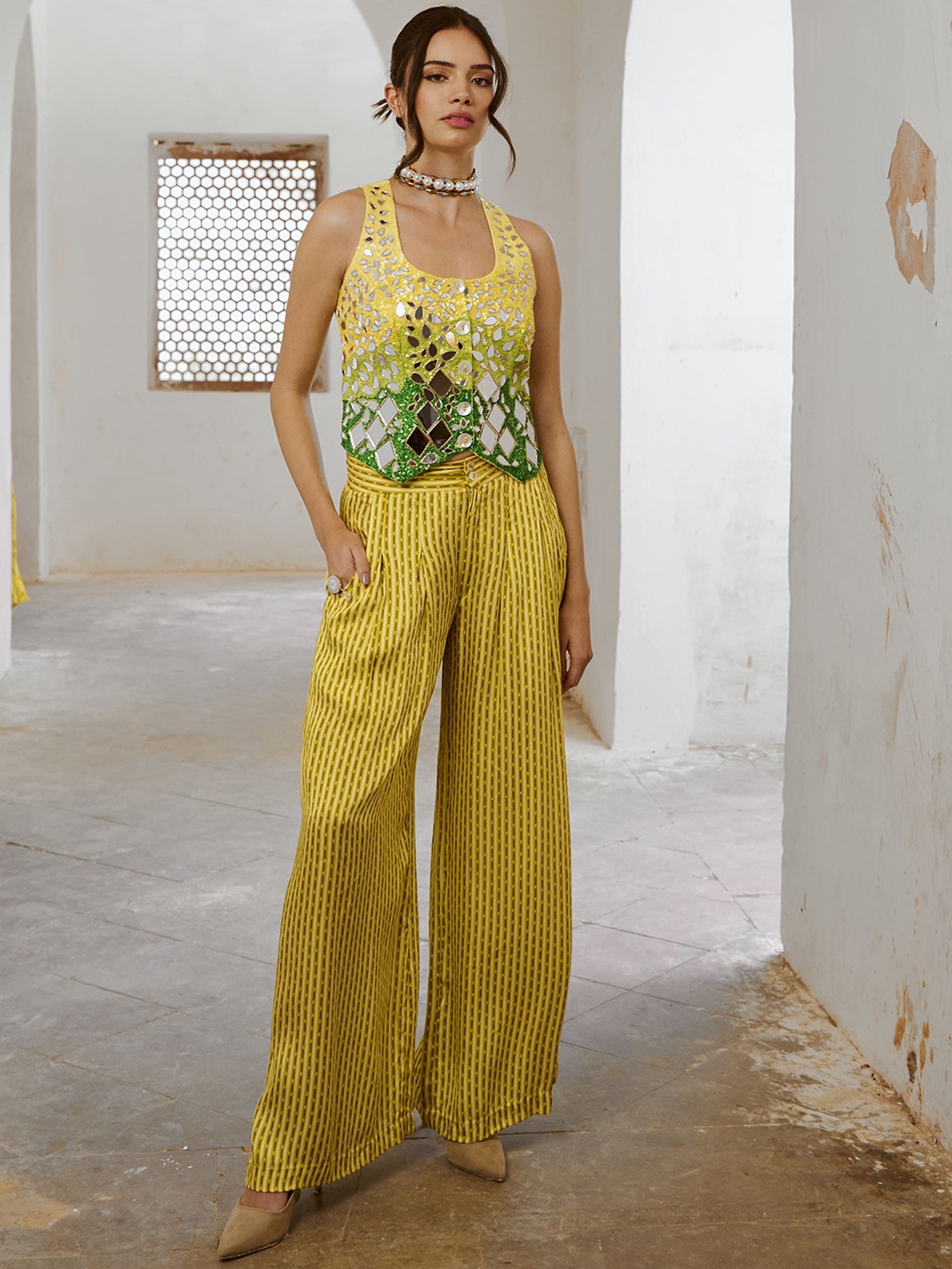 

Pallavi Jaipur Embellished Round Neck Top & Palazzos, Lime green